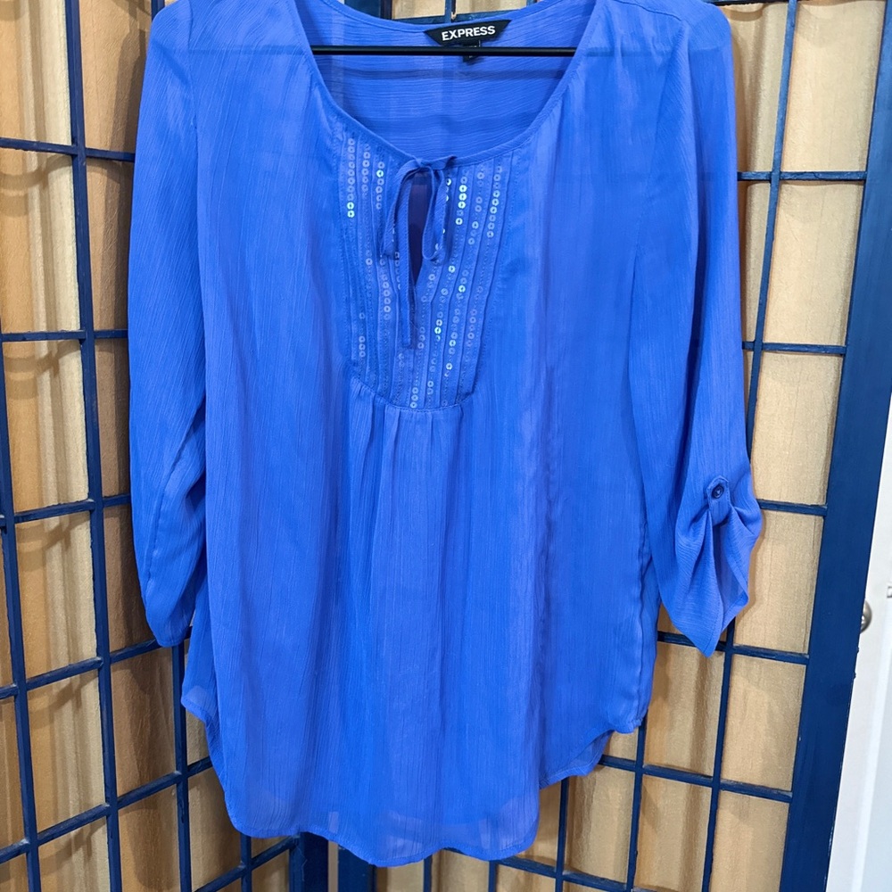 Express Blue Sheer Sequin Peasant Blouse XS Boho Tunic Top